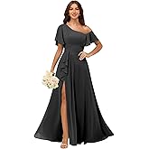 wayfor One Shoulder Bridesmaid Dresses for Women with Pockets Short Sleeve Ruffled Chiffon Formal Evening Gowns