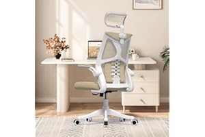 Monhey Ergonomic Office Chair, Office Chair Home Office Desk Chairs with Adjustable Headrest Lumbar Support and Flip-up Armrest Beige Computer Chairs with 90°-120° Tilt Function