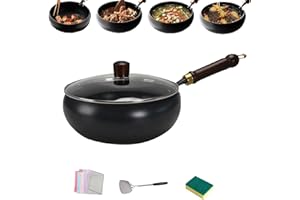 Japanese Cast Iron Wok Pan, 2026 New Non-Stick Uncoated Japanese Wok, Hand Hammered Multi-Purpose Cast Iron Pan with Lid & Sp