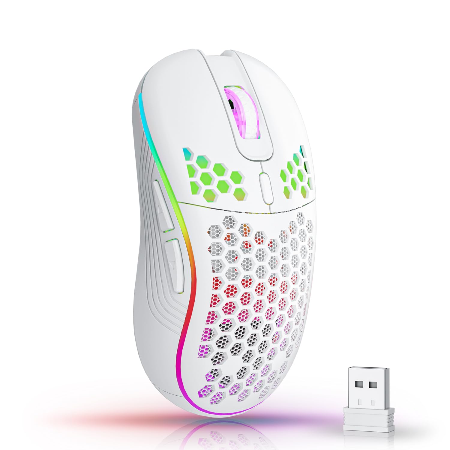 AVMTOM Wireless Mouse Gaming Mouse Rechargeable PC Mouse with RGB Backlit 6 Buttons Adjustable Ergonomic for Laptop, PC, Computer, Desktop, Notebook etc Gaming Mouse Wireless (White)
