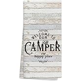 OHSUL Welcome to Our Camper Our Happy Place Camping Kitchen Towels Dish Towels Dishcloth,Funny Camping Hand Towels Tea Towel for Bathroom Kitchen RV Camper Trailer Decor,Campers Camping Lovers Gift