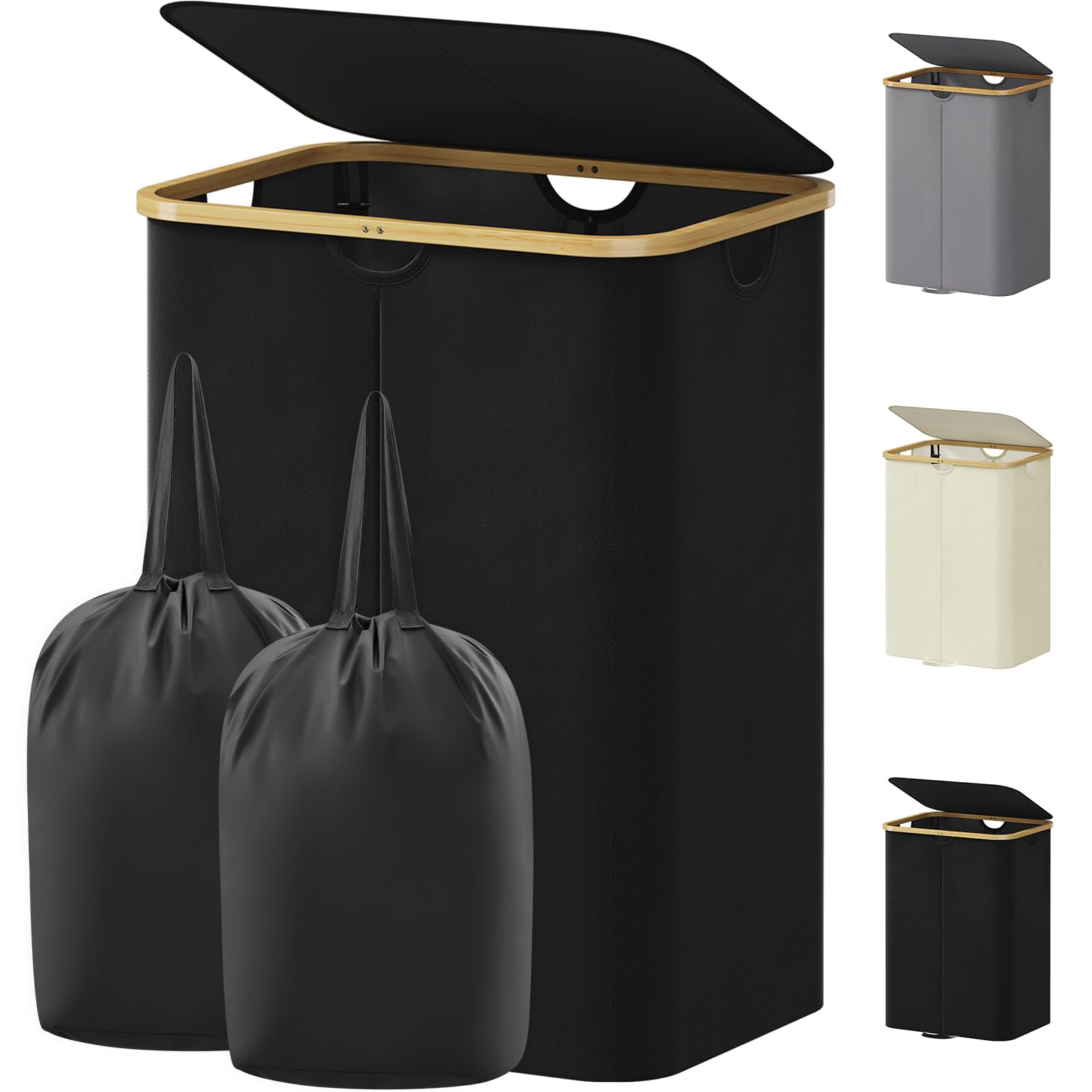 Lifewit 145L Laundry Basket with Lid, Double Dirty Clothes Bin with Bamboo Handles and 2 Removable Bags, Large Foldable Washing Basket for Bedroom, Bathroom, Dorm, Laundry Room, Black