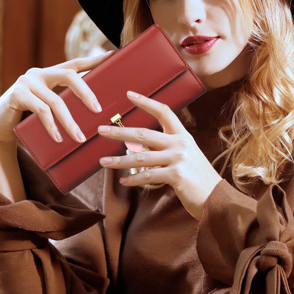FT Funtor RFID Wallets for Women, Leaf Card Holder Trifold Ladies Wallets Coins Zipper Pocket with ID Window Large Wine Red