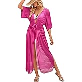 OYOANGLE Women's Beach Kimono Cover Ups Mesh Sheer Tie Waist Short Sleeve Long Cardigans Resort Wear