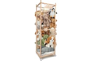BETBEM Stuffed Animal Storage Zoo with Wheels, Wooden Large Stuff Animals Plushies Holder Toy Organizer Kids Plush Storage Cage with Elastic Band and Net for Nursery Playroom Corner for Toddler