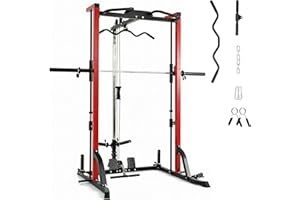 XVD Smith Machine Power Rack with LAT-Pull Down System, Landmine, Barbell Bar, Plate Storage Pegs and More Training Attachment