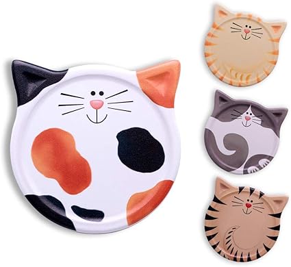 Amazon コースターセラミック吸収性コースターコルクベース カップの種類用ホルダー付き ダイニングルームの装飾 新築祝いのギフトセット4個 かわいい子猫 コースター オンライン通販