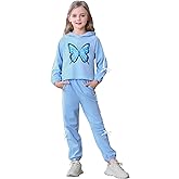 AMCLOS Girl Outfit Sets 5-14 Years Kids Clothes Cute Butterfly Long Sleeve Pullover Hooded Crop Tops+Sweatpant Set Fall