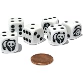 Set of 6 Panda 16mm D6 Round Edged Koplow Animal Dice - White with Black Pips