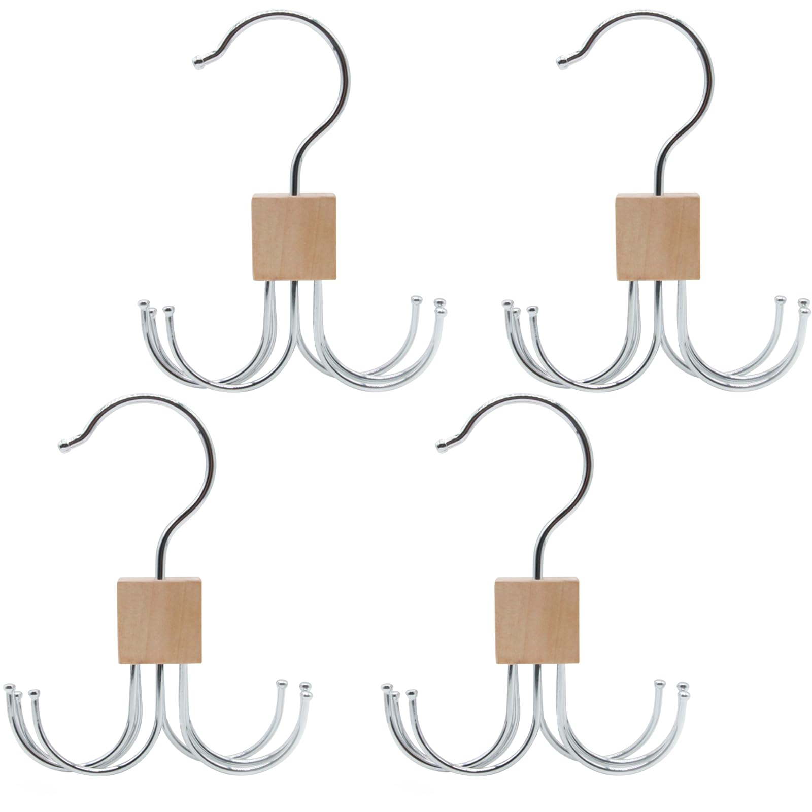 LMSAWK 4 Pieces Belt Hanger for Closet, Hanging Holder Storage Hook, Rotatable Rack Accessories With 6 Hooks for Socks, Gloves, Wood Color