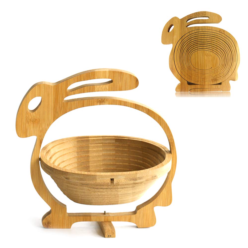 Ldawy Foldable Elephant/Fish/Rabbit/Snails Fruit Basket Folding Fruit Bowl Bamboo Fruit Bowl Holder Basket for Home Gift, Natural Brown