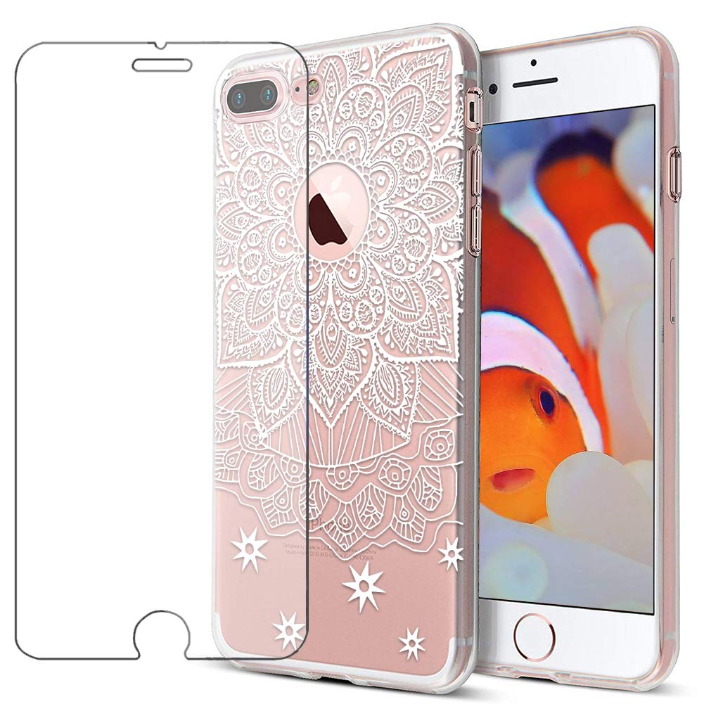 MadBee For iPhone 8 Plus/ 7 Plus Case + Screen Protector, Colorful Pattern Printed Design Clear Soft Flexible TPU Protective Cover Case for iPhone 8 Plus/iPhone 7 Plus 5.5" (White 4)