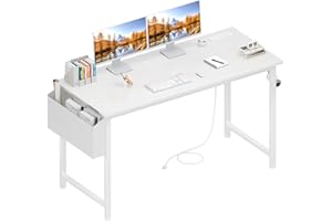Lufeiya White Computer Desk with Power Outlet, 47 inch Teen Study Table Home Office Work Writing Gaming Desks with Charging Station Outlets Built in, White