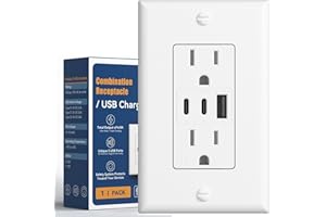Amico 6.0A USB Outlet, 3-Port 30W Wall Outlets with 2 Type C & 1 Type A, 15 Amp Receptacle Plug, Tamper Resistant Receptacle, Wall Plate Included, ETL Listed, White, 1 Pack