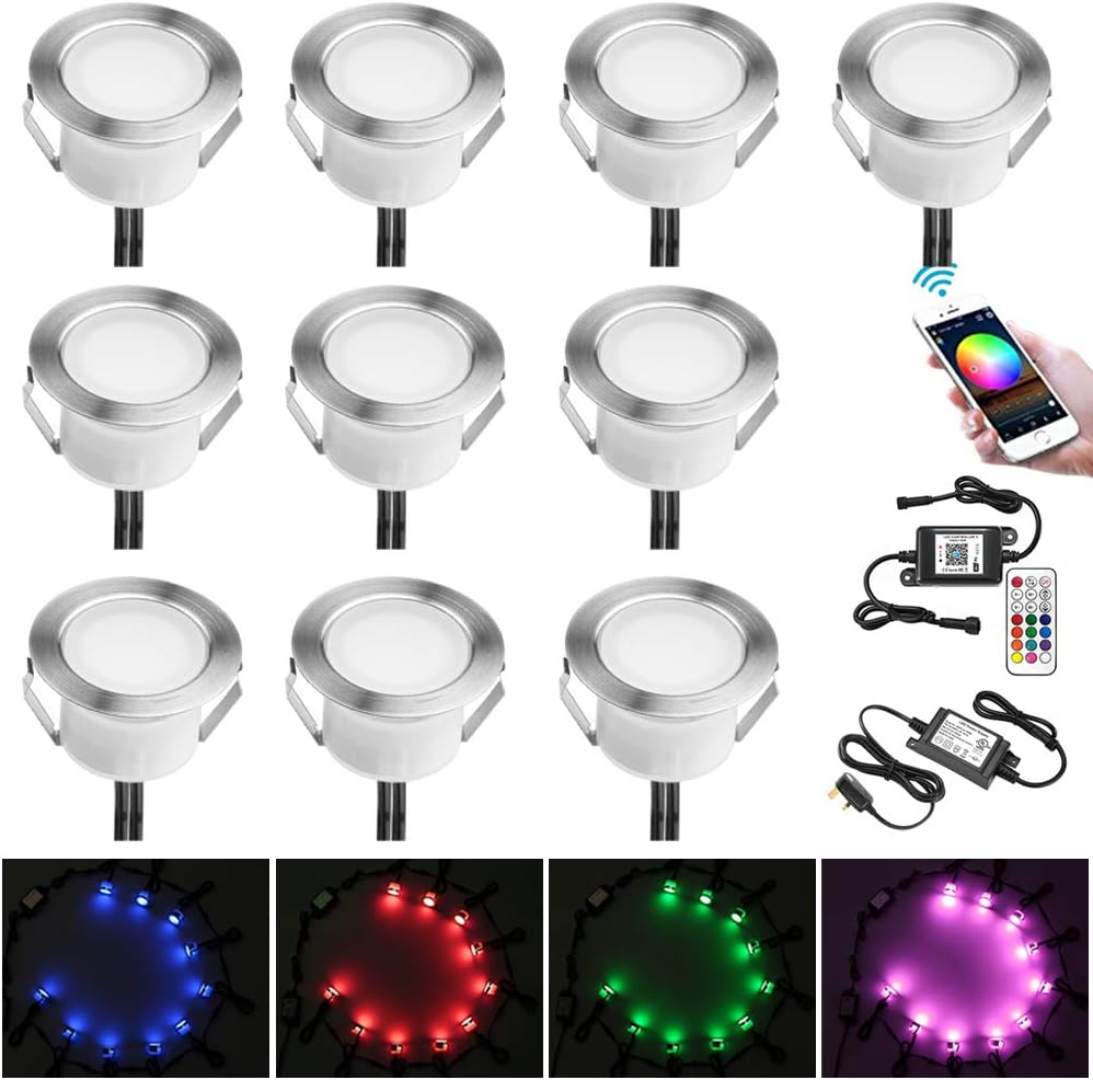 INDARUN RGB WiFi Led Decking Lights Waterproof IP67 Ø45MM 12V - Led Plinth Light Kits for Terrace/Patio/Path/Wall/Garden/Decoration, 10 Packs