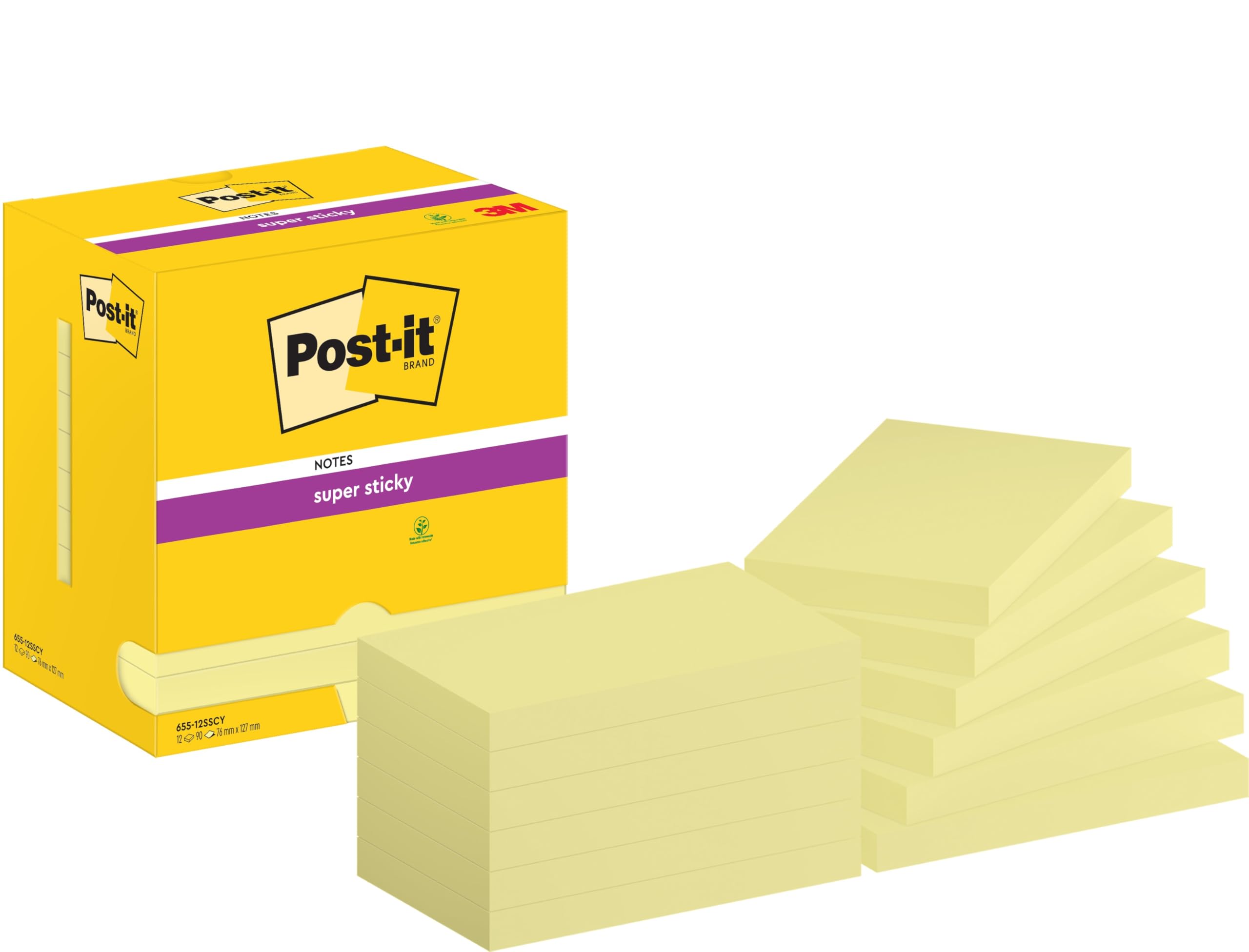 Post-it Super Sticky Notes, 1080 Sheets, Value Pack of 12 Pads, 76 mm x 127 mm - Holds Strong to Many Surfaces - Canary Yellow - for Walls, Monitors and Fridge, Recycable