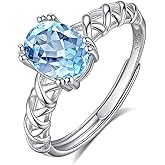 SILBERTALE Topaz Adjustable Ring for Women 925 Sterling Silver Oval Shape Blue Purple Yellow Red Topaz Birthstone Criss Cross Statement Ring Band Jewelry