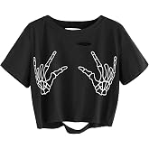 Avanova Women Skull Finger Graphic Distressed Tee Shirt Ripped Short Sleeve Crop Tops
