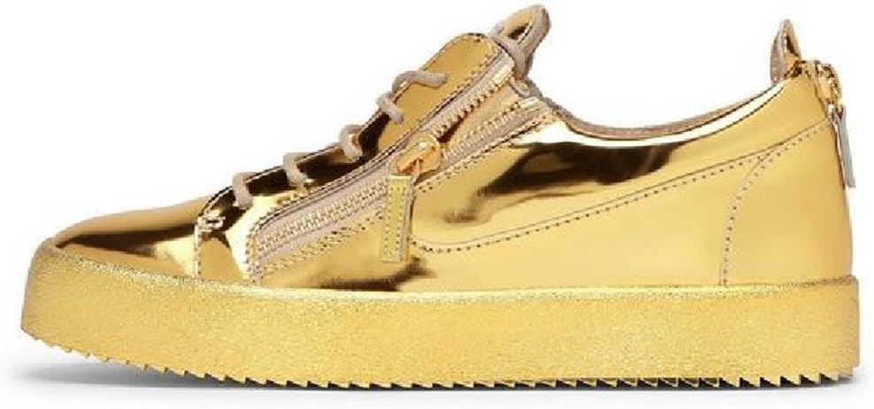 Aibarbie Men's Fashion LowCut Thick-Heel Zipper Sneakers Genuine Leather Sneaker Man Shoes Gold