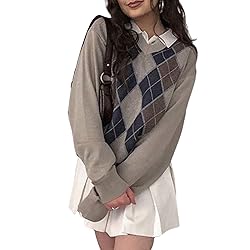 Women Y2K Argyle Striped Pullover Sweater Casual