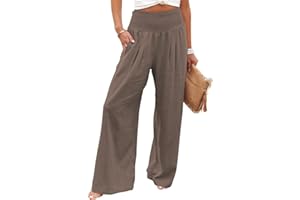 MRGIINRI Wide Leg Pants for Women 2023 Casual Linen Palazzo Summer High Waist Trendy Smocked Lounge Pant Trousers with Pocket
