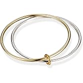 NOKMIT 2PCS 14K Gold Silver Tone Stackable Bangle Bracelets for Women, High Polished Thin Plain Stainless Steel Bangle with Detachable Connector Ring, Non-Tarnish Mixed Metal Jewelry