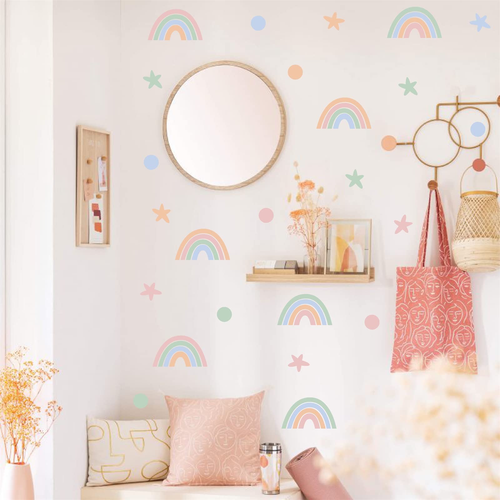 Colorful Rainbow Wall Stickers for Girls Bedroom Rainbow Wall Decal Star Wall Decals Kids Wall Stickers Vinyl Wall Sticker Peel and Stick Removable for Nursery Baby Room Living Room Decor