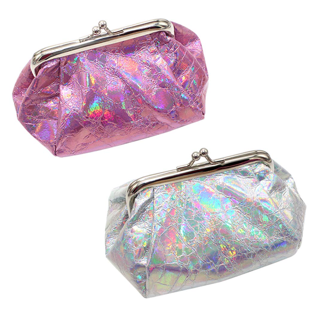 iSuperb 2 Packs Ladies Laser Coin Purse Girls Shiny Coin Pouch Bags with Clasp Kisslock Coin Change Purse Cotton Cloth Hasp Coin Wallet Bags for Women, Credit Card, Keys, Lipstick (Rose red + White)