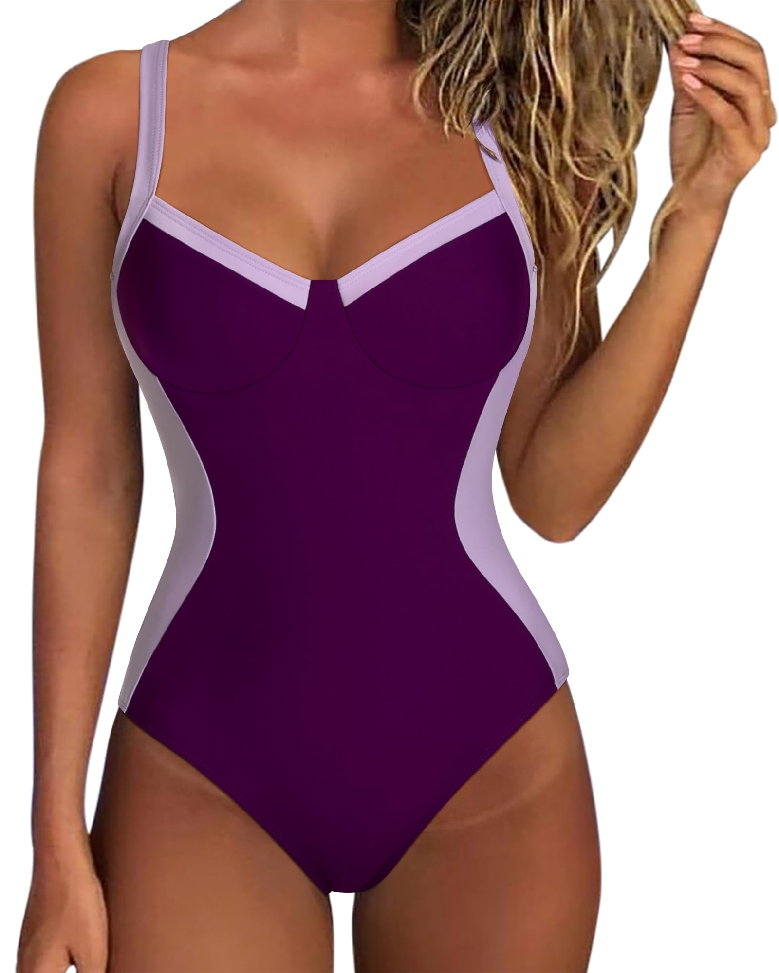 Photo 1 of SUUKSESS Womens Tummy Control Slimming One Piece Swimsuits Sexy V Neck Crisscross Back Bathing Suits Push up Swimwear(Purple Colorblock?Medium)