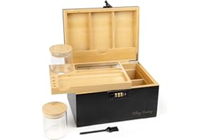 Viking Factory Premium Decorative Bamboo Box - Home Office Lock Organizer Set w/Removable Tray, Glass Jars & Adjustable Divider - Mortise-Tenon Crafted - Gift Ready for Women & Men (Black)