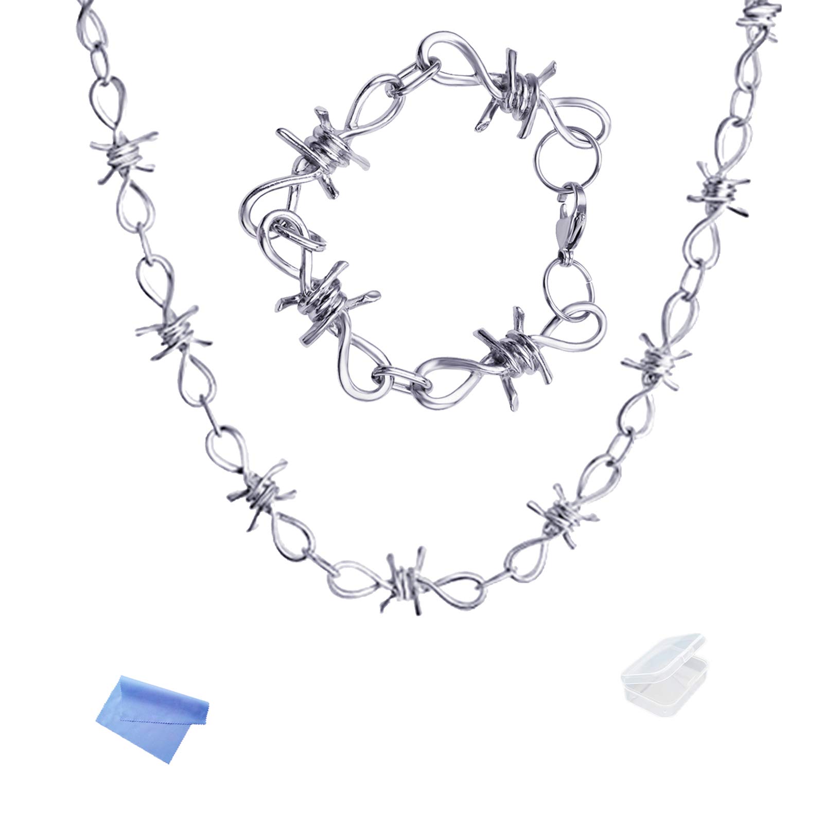 XHBTS Punk Barbed Wire Necklace Hip Hop Thorn Choker Rock Jewelry Chain Necklace and Bracelet Set Unisex with Mini Cloth and Box