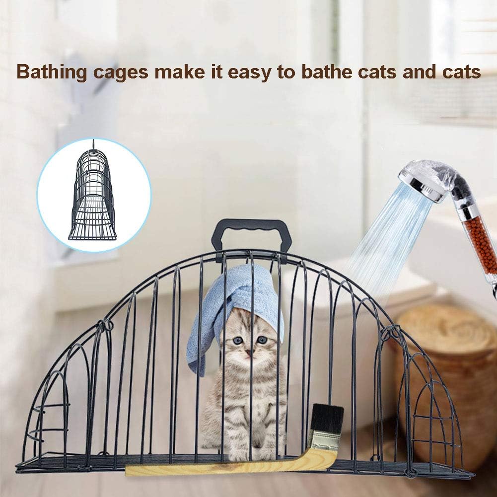 Cat Bath Cage, Double Door Pet Easy Bath Washing Shower Transport Dry Treating Injection Anti Scratch or Bite Recovery (Black)