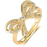 IQIC Gold Bow Ring for Women Rhinestone Bow Open Ring Chunky Cubic Zirconia Bow Ring Adjustable Bow Statement Ring Fashion Elegant Jewelry