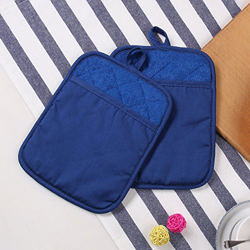 100% Cotton with Silicone Kitchen Everyday Basic Pot Holder Heat Resistant Coaster Potholder Oven Mitts with Pocket for Cooking and Baking Set of 2 Blue