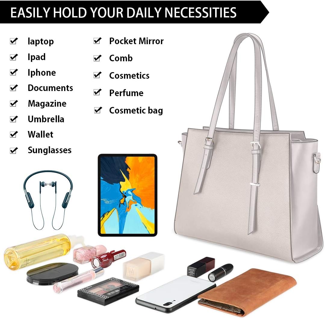 NEWHEY Women's Large PU Leather Tote Bag Laptop Bag Handbag for Classes Lycee 15.6 Inches, beige, M, Stylish - Image 5