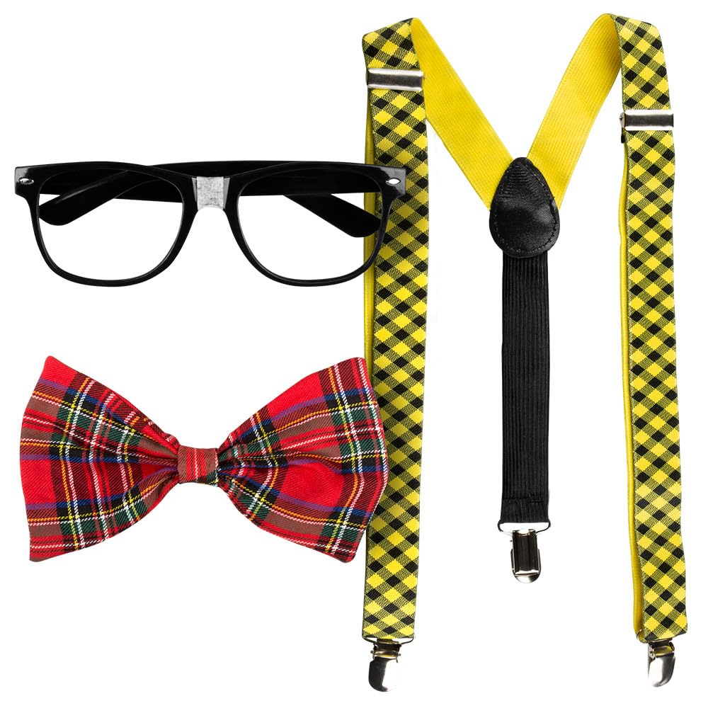 Boland Nerd Costume Accessory Set for Adults – Geeky Glasses, Red Tartan Bow Tie & Yellow Bracers – Funny Novelty Fancy Dress Outfit for Geek, Geeky, Nerd School or Book Day Themes – One Size