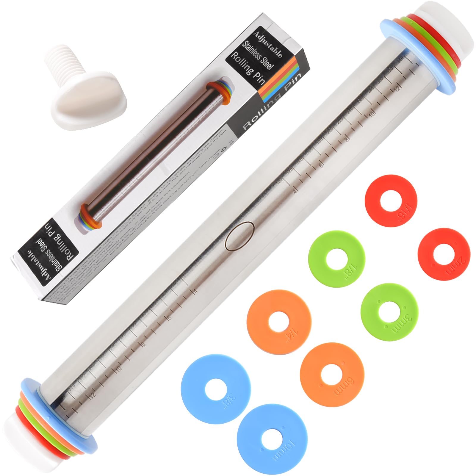 Photo 1 of ***MISSING PARTS***
Adjustable Rolling Pin With 4 Thickness Rings, Stainless Steel Dough Roller Pizza Roller Handle Press Design With Measurement Guide For Baking, Fondant, Pizza, Pie Crust, Cookie