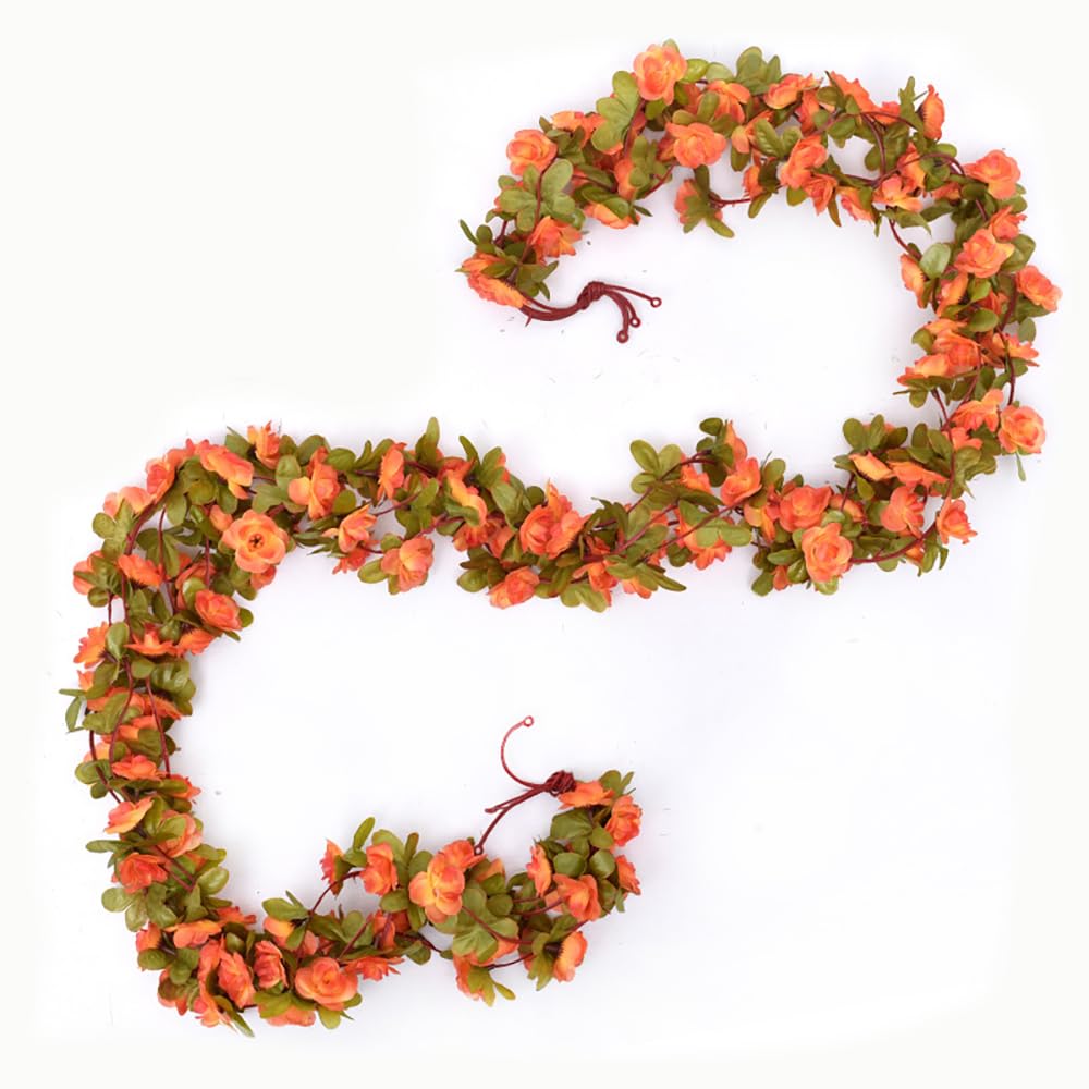 LSRVNM Artificial Rose Vine Garland, 5 Pack 41 FT Fake Rose Vine with 225 flowers, Artificial Flower Plants Hanging for Garden Wedding Craft Art Decor (Orange)