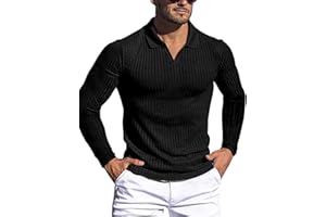 Gnvviwl Men's Muscle V Neck Polo Shirts Slim Fit Short Long Sleeve Cotton Golf T-Shirts Ribbed Knit Soft Tees