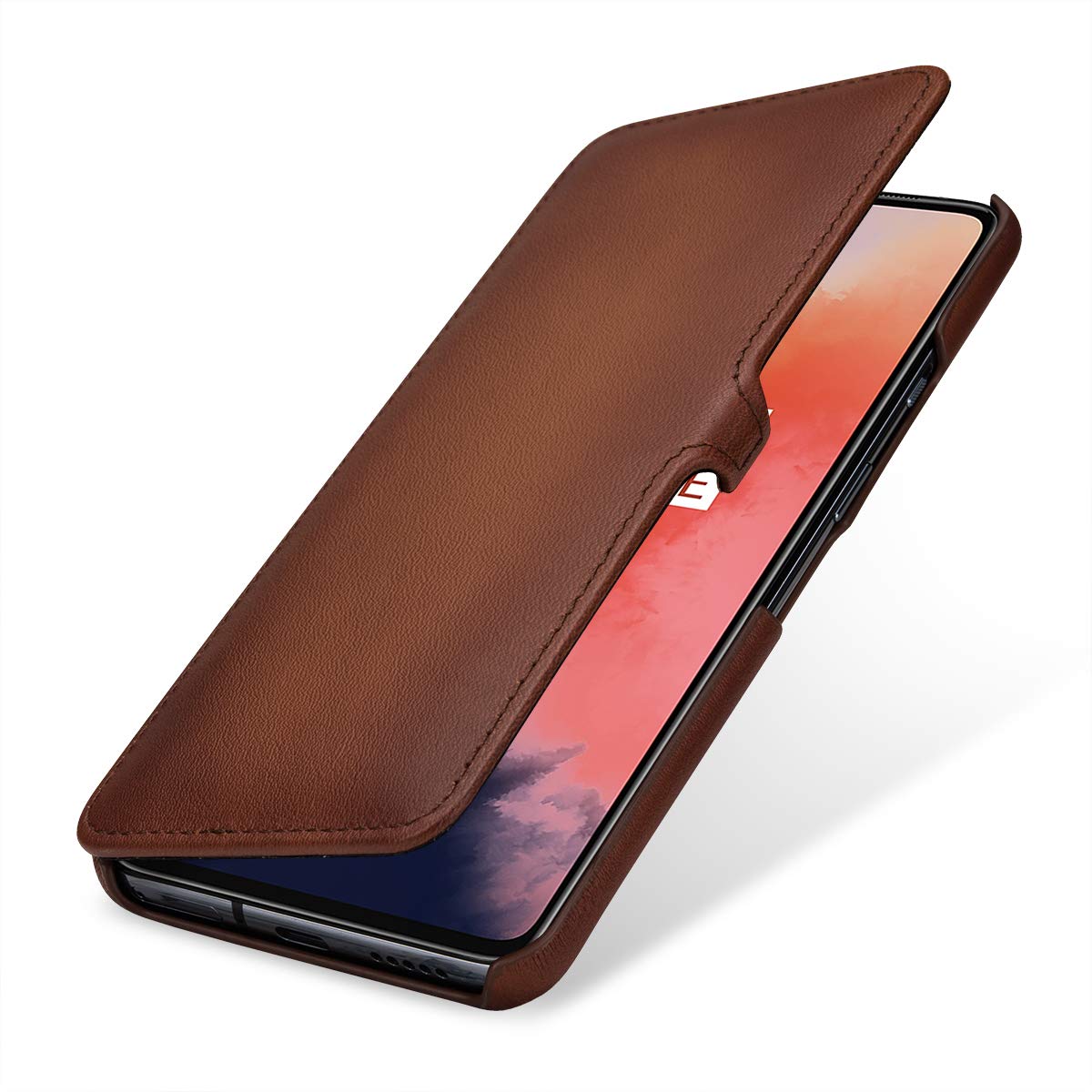 StilGut Book Type Flip Case for OnePlus 7T, Genuine Leather OnePlus 7T Case with Closure, Antique Brown