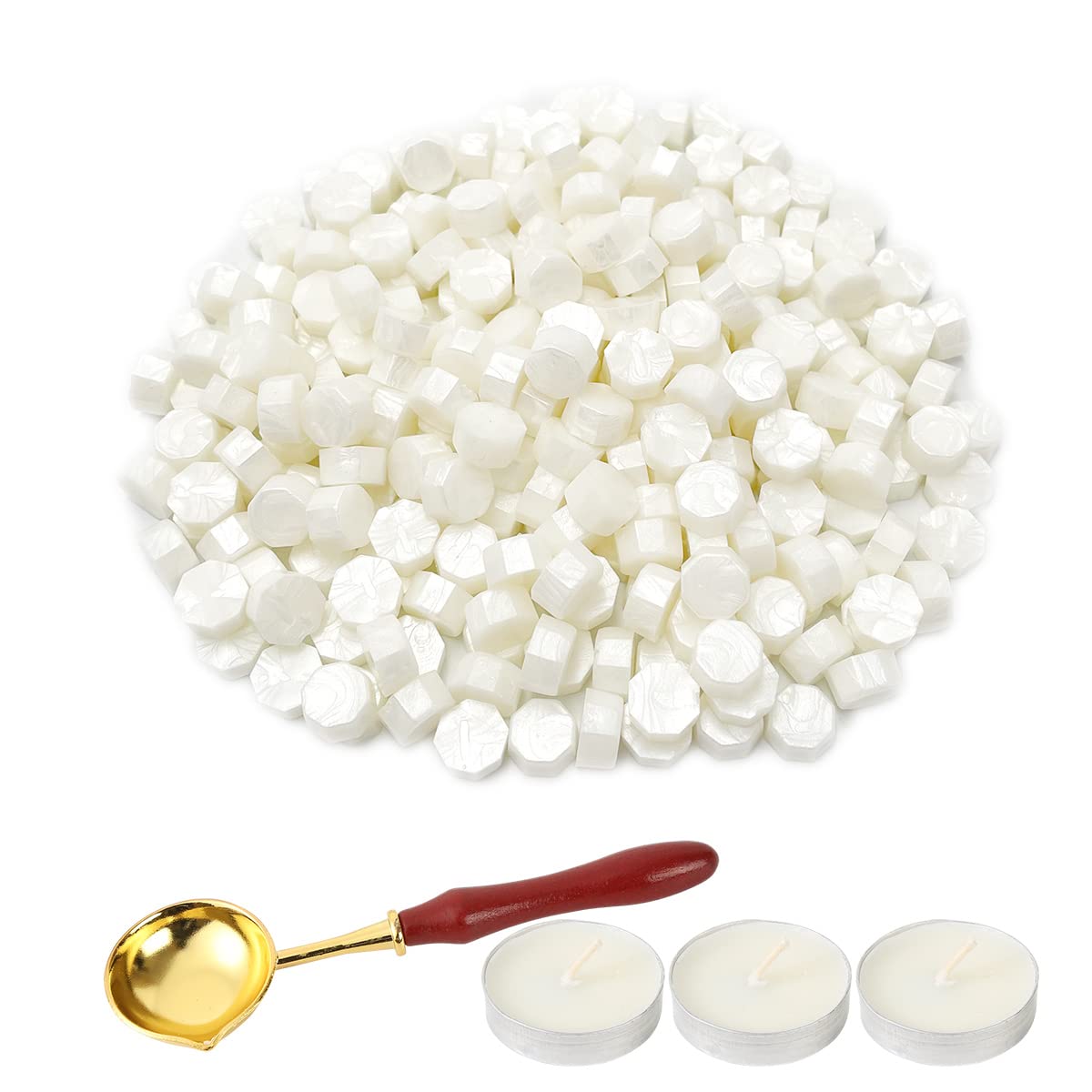 LICQIC Wax Stamp Kit, 300 Pcs Wax Seal Beads with 3 Tea Candles and 1 Melting Spoon, for Invitations, Cards, Envelopes, Wine Packages, Gift Wrapping