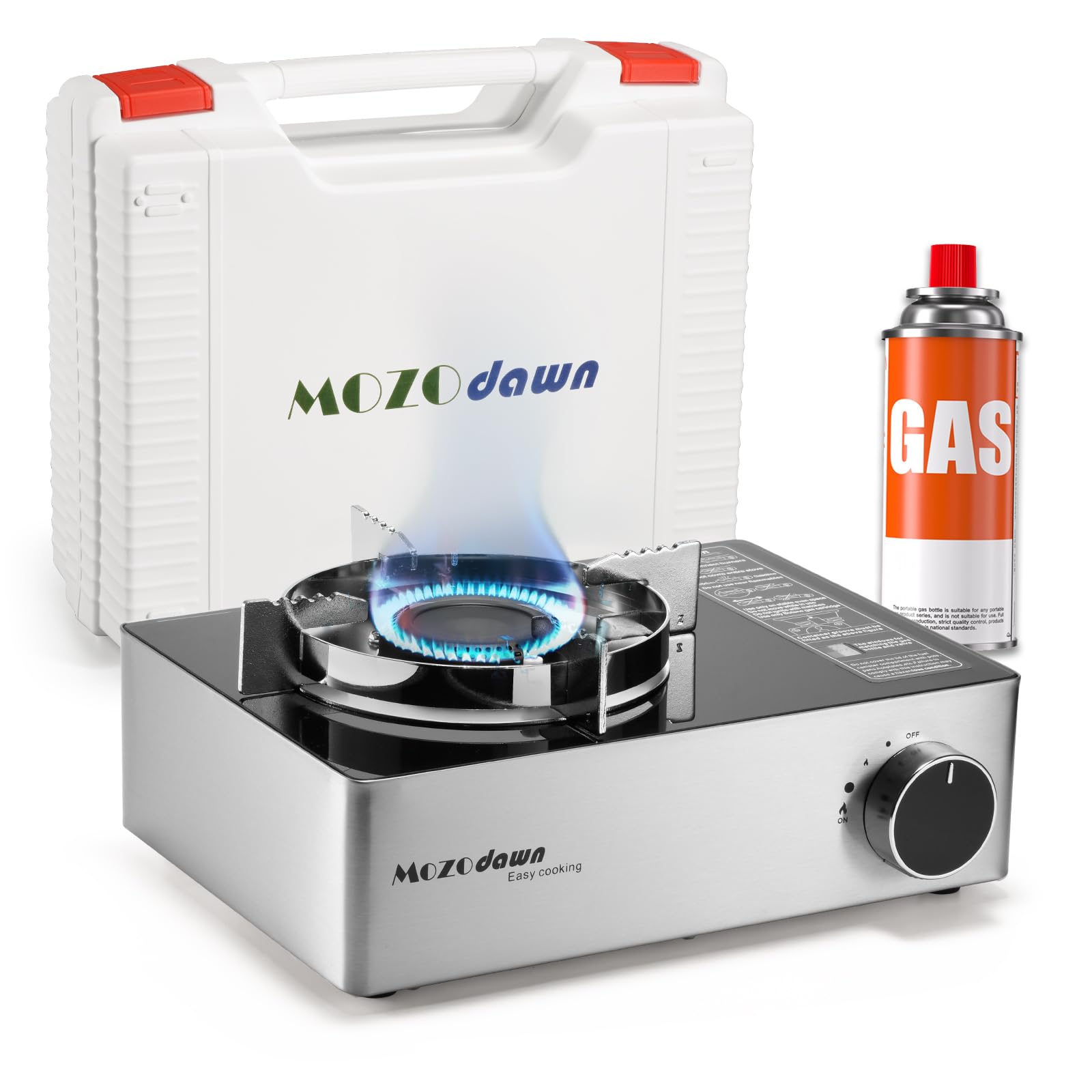 Photo 1 of MOZODAWN Portable Gas Stove with Case, 12000 BTU Butane Stove with Wind Guard, Single Burner Camp Stove for Home Kitchen, Camping, Picnics, Hiking (Silver)