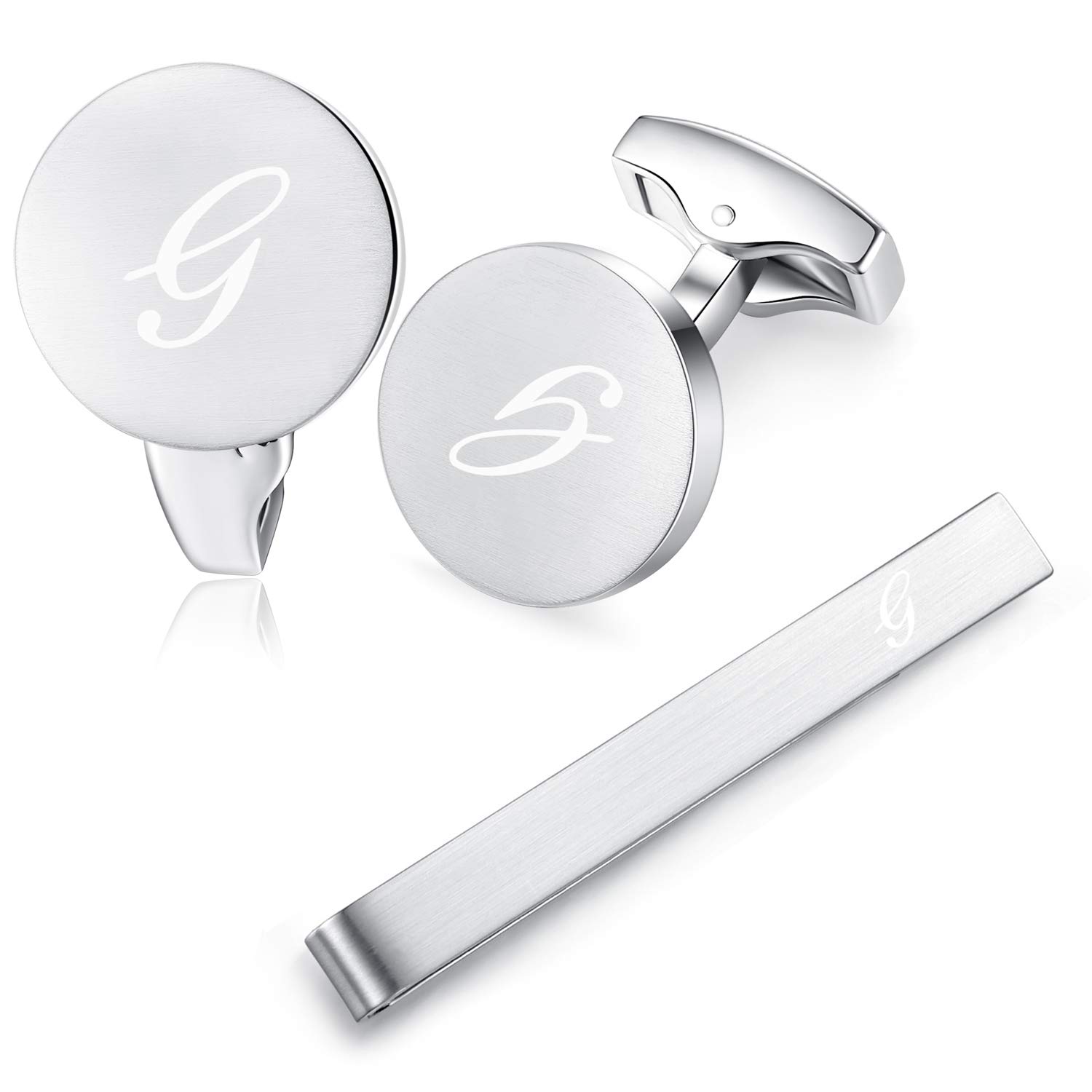 HONEY BEAR Initial Alphabet Letter Cufflinks Tie Clip Set for Mens - Round Stainless Steel, for Business Wedding Gift,Brushed Silver (G)