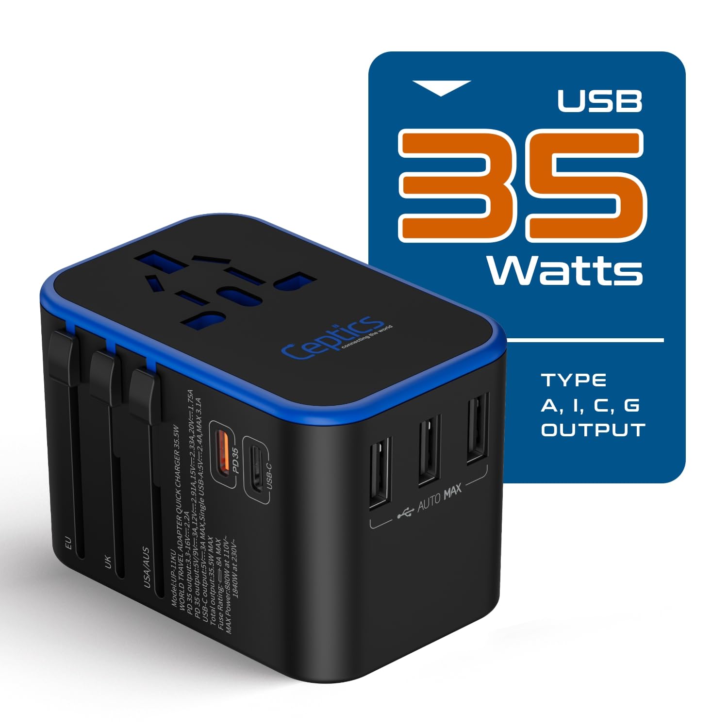 Ceptics Universal Travel Adapter, 35W International Power Adapter with PD & QC 3.0 Dual USB-C, 3 USB Travel Adapter Worldwide, Type I C G A Outlets 110V 220V A/C - EU Euro US UK (11-KU)