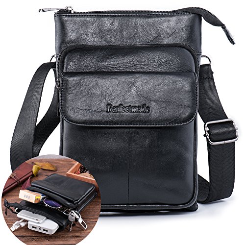 Men Leather Cross body Messenger Bag, Shoulder Purse Travel Bag Everyday Satchel Bag with Many Pockets (Black)