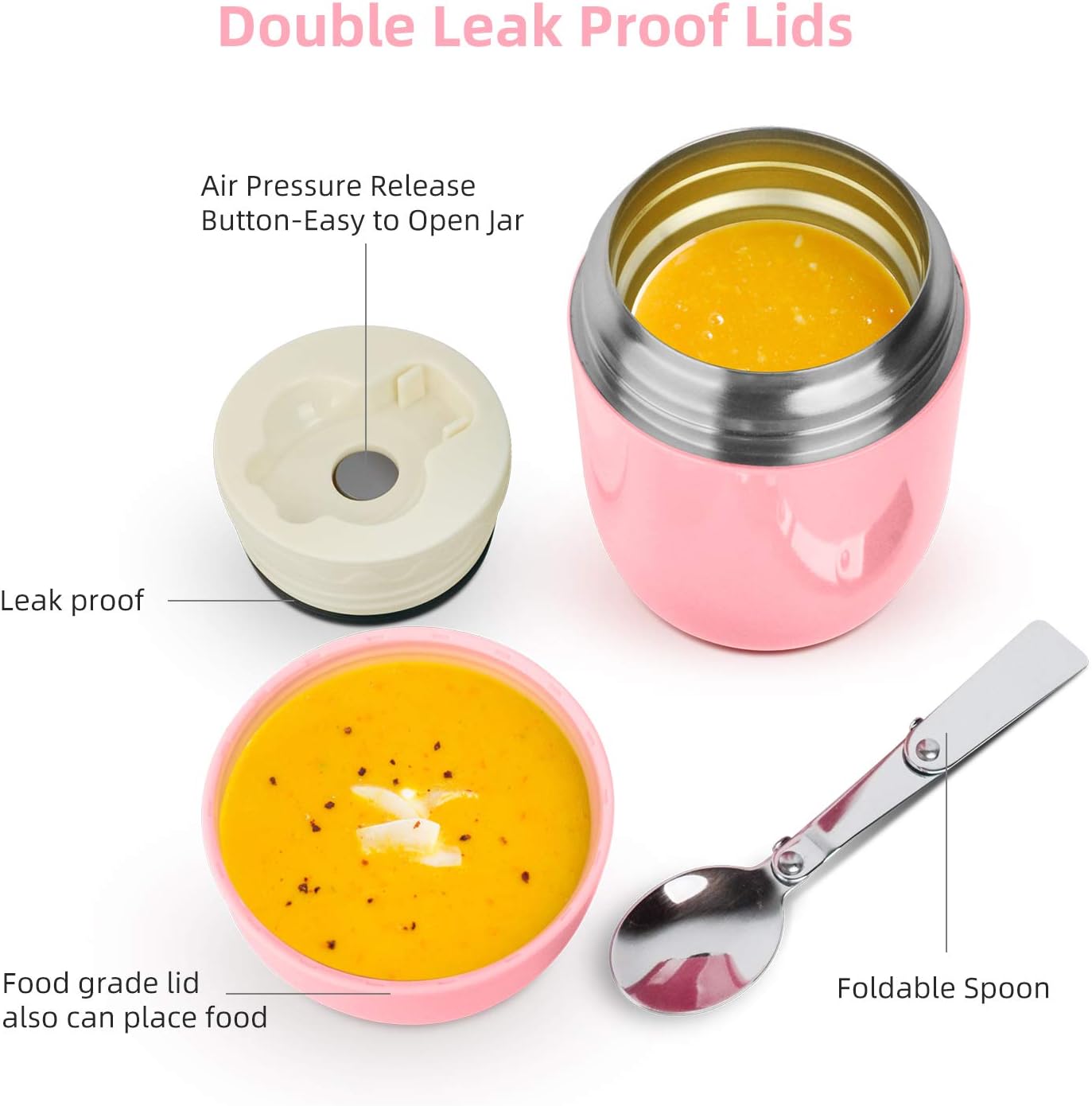 WayEee Food Flask, Food Flask for Hot Food Stainless Steel Food Jar with Folding Spoon-450ml (Pink), 450 ml - Image 3