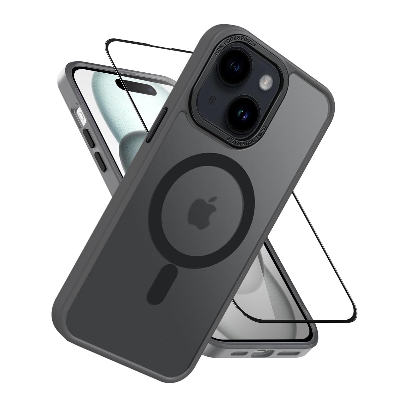 Kahper Magnetic Case for iPhone 15 6.1-Inch with Tempered Glass Screen Protector[Compatible with MagSafe] [Military Grade Shockproof] Translucent Matte Back Slim Bumper Cover Translucent Black