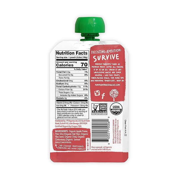 PUMPKIN TREE ORGANICS FRUIT SNACK POUCH, APPLE + FIBER + A SPRINKLE OF CINNAMON, 3.5 OUNCE SINGLE