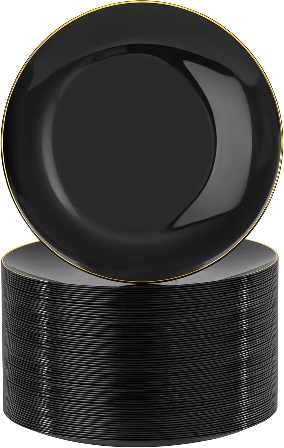 Nervure 100 Pieces Black Plastic Plates - 7.5inch Black Dessert Plates - Disposable Gold Plastic Plate - Disposable Plate Ideal for Wedding & Party Image