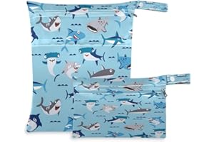 KEEPREAL Blue Shark Pattern Wet Dry Bag for Cloth Diaper&Swimsuit,Travel&Beach - Water Resistant Wet Bags - Perfect for Wet Clothes, Toiletries, 2 Pack